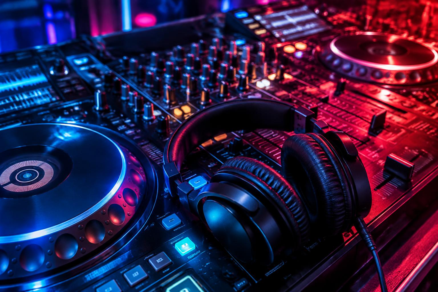 DJ decks and headphones under vibrant blue, red and purple lighting